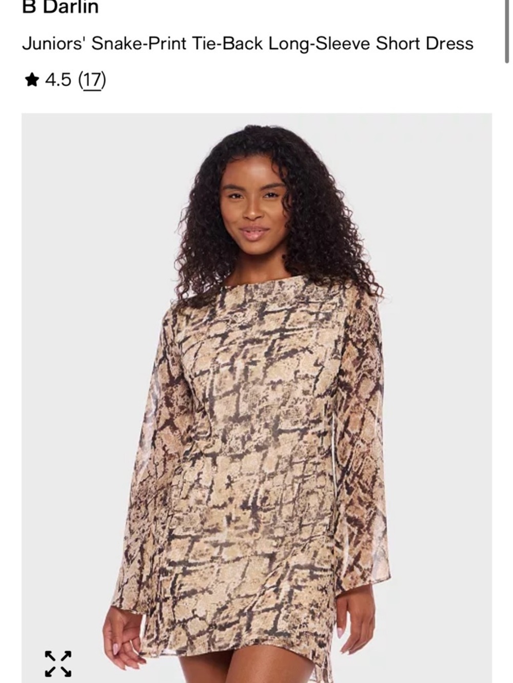 B Darlin Beige and Brown Snake-Print Long-Sleeve Mini Dress